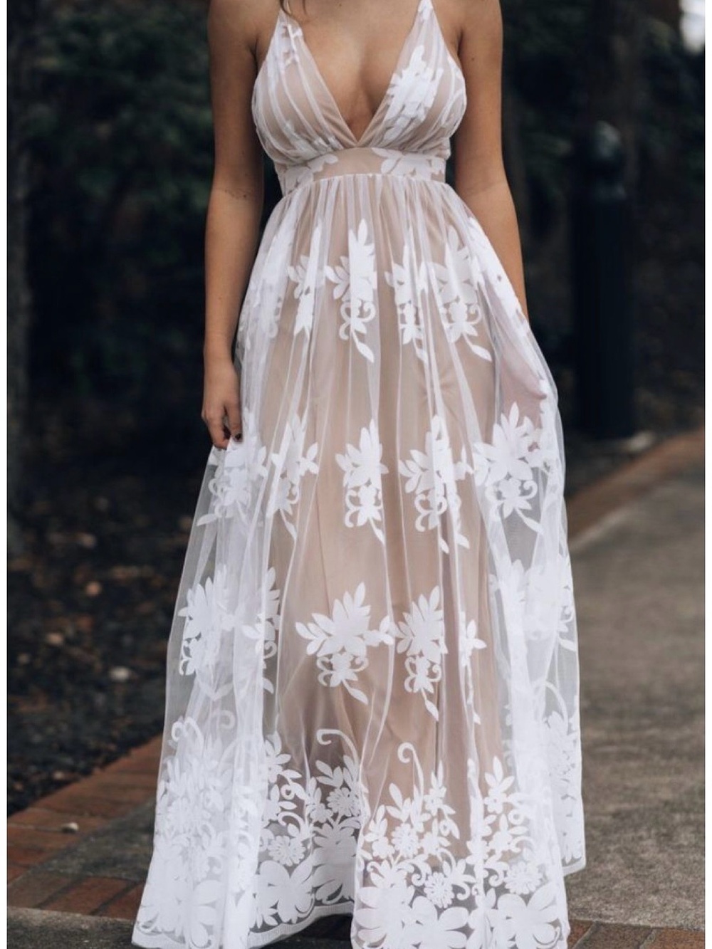 Luxxel White Lace Maxi Dress with Nude Underlay